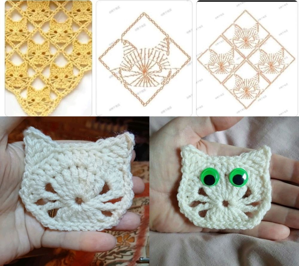 a collage of an AI generated crochet pattern of a cat's face and an actual crocheted version of the pattern