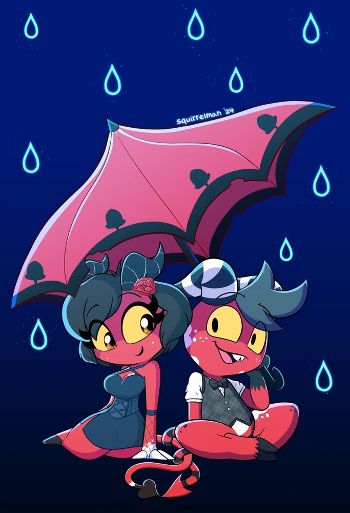 Me and my girlfriend as imps from the Helluverse. Based on a scene from the song "Loser, Baby" from Hazbin Hotel. Impsonas based on Helluva Boss. Squirrelman 2024.