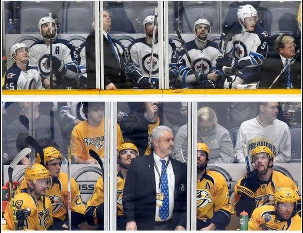 The penalty boxes after That Fight at a game in Nashville between the Winnipeg Jets and the Nashville Predators in November 2015. The top shot shows 6 Jets players in white jammed into the box with two officials. The lower shot shows 6 Predators players in gold with one official. There’s not enough seating in the boxes for the people in them. 