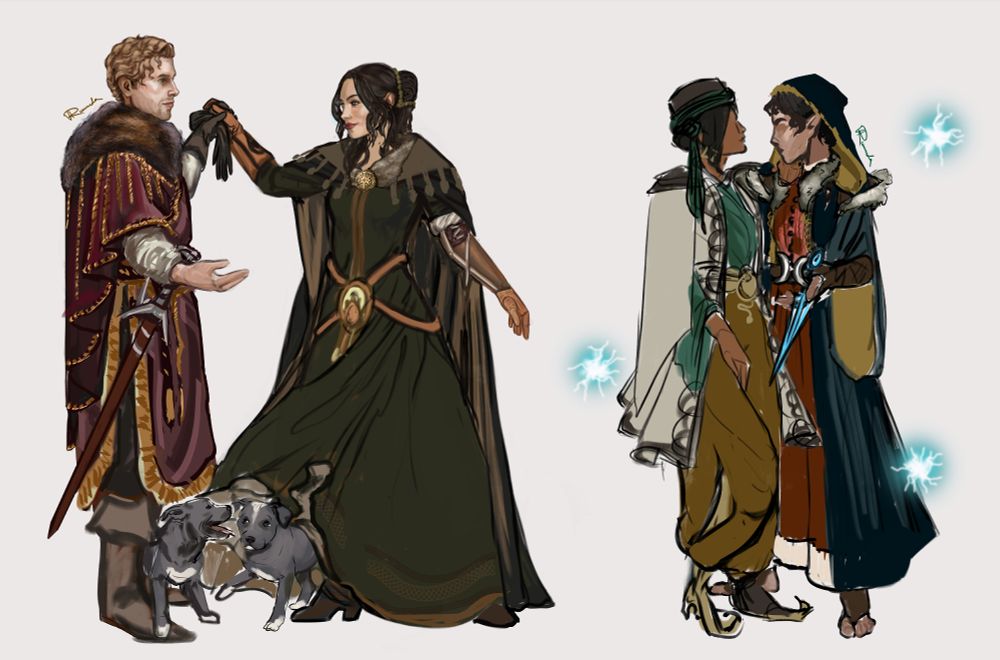 A work in progress illustration of my Dragon Age characters and their love interests.

In this picture: Inquisitor Trevelyan with Cullen (featuring two puppies) and Mercar Rook with Neve.