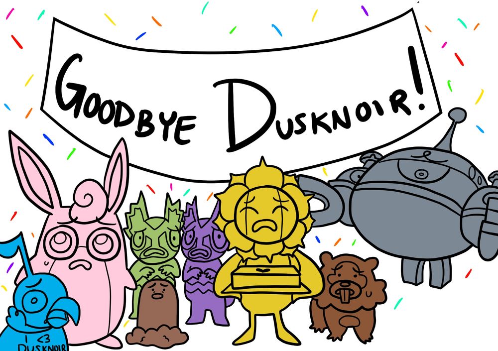 A digital drawing of the residents of Treasure Town. Chatot, Wigglytuff, Diglett, the Kecleon Brothers, Sunflora, Bidoof, and Magnezone all look shocked. Behind them is a banner reading, "Goodbye Dusknoir!" and confetti. Chatot wears a shirt that reads, "I <3 Dusknoir" and Sunflora holds a sheet cake with a heart on it.
