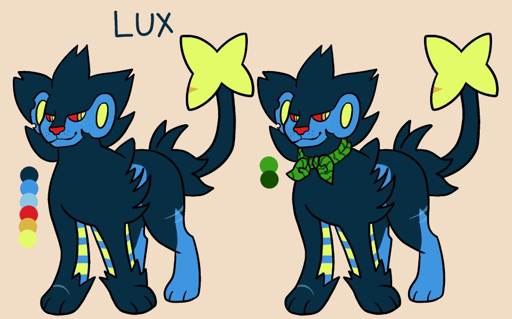 A digital reference of a Luxray OC. He looks like a standard Luxray, with the addition of scars on his chin, paw, flank, and tail star, freckles under his eyes, and notches taken out of his right ear. There's another version of him with the addition of a green neck bow. Beside him are color references, and above him is blue text reading, "Lux."