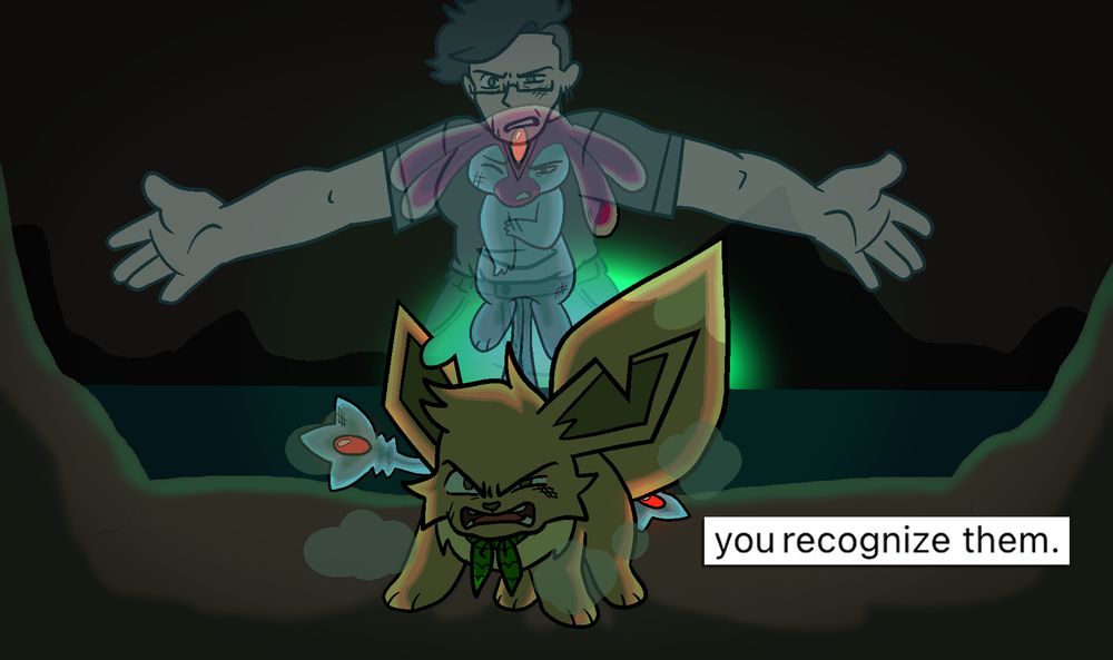 A digital drawing of Eevee and Mesprit from Pokemon Mystery Dungeon. Eevee stands protectively in front of Mesprit, both injured, and a phantom image of the Eevee's human form also stands protectively in front of Mesprit. Behind them all is an underground lake and the glow of a time gear. There's text reading, "you recognize them."