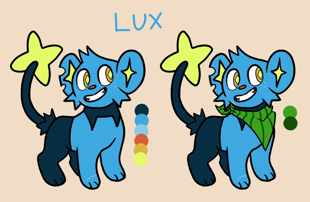 A digital reference for a Shinx OC. He looks like a standard shinx, minus the yellow rings on his forelegs. He also has a scar on his chin and paw, two notches taken out of his right ear, and freckles. The second version is identical, with the addition of a green neck bandana. Beside him are color references, and above him is blue text reading, "Lux."