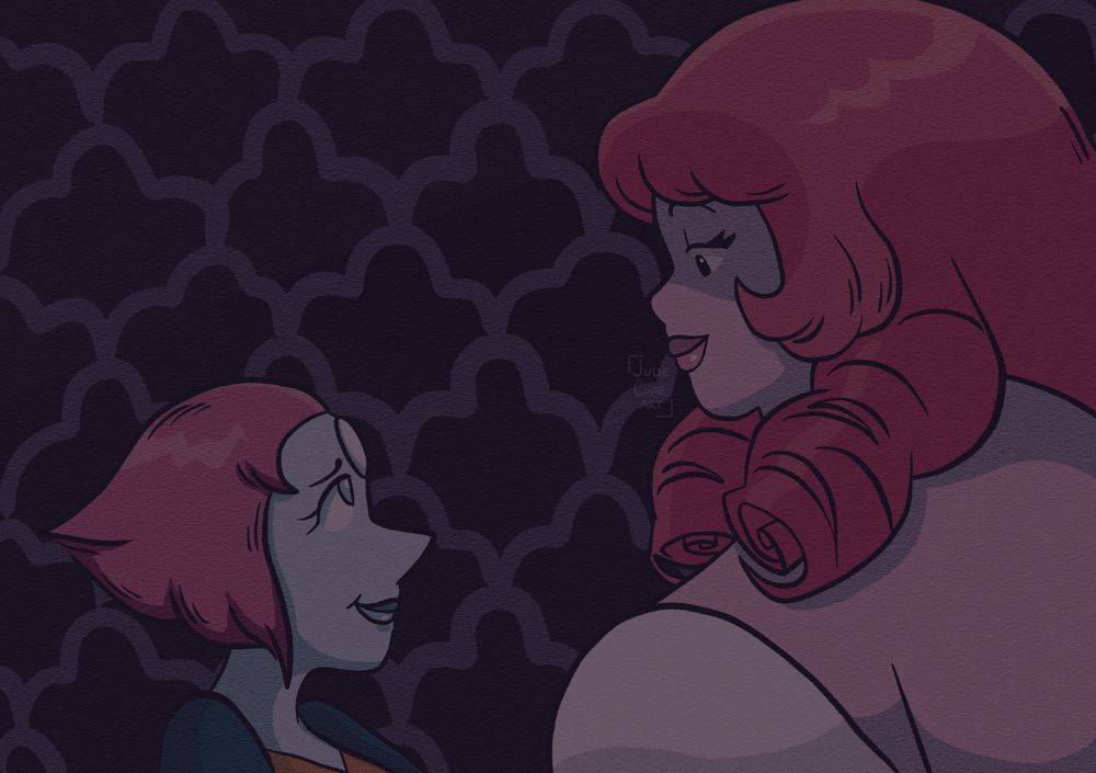 A redraw of a scene from A Single Pale Rose in a comic book art style. Pearl and Rose look at each other in Pink Diamond's palanquin.