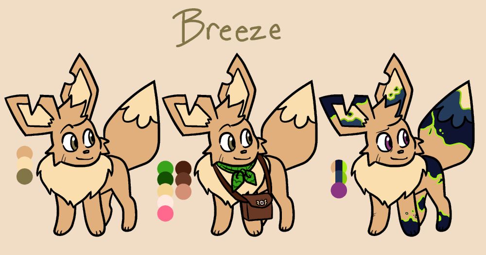 A reference sheet for an Eevee OC. There's three versions of the character with minor changes. The first version just shows her - she's got yellowish fur and notches in her ears. The second version is the same as the first, with the addition of a green neck bandana and a satchel around her shoulder. The third version is the same as the first, though she now has blue and green splotches on her ears, paws, tail, and flank, and her eyes have turned purple. Beside each version is a color reference, and above her is brown text that reads "Breeze."