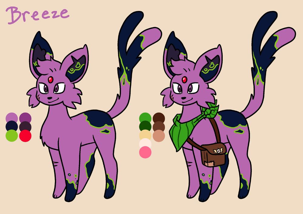 A digital reference sheet for an Espeon OC. There's two versions of the art. The first one shows an Espeon with purple eyes, blue and green splotches on her ears, tail, paws, and flank, and scars on her cheek and foreleg. The second version is the same, with the addition of a green neck bandana and a satchel with a patch on it. Beside each version is a color reference, and above her is purple text that reads, "Breeze."