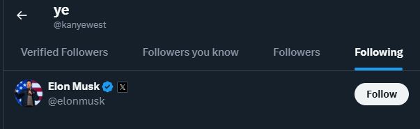 Kanye is only following Musk on Twitter screen grab. 