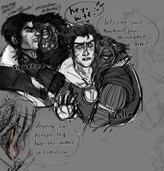 Machine Herald holds Giopara's neck in a choking grip, and Giopara looks down at him with anger and hatred. Various cuts and bruises on Giopara's face indicate that a fight has taken place, and the Defender has unfortunately lost. 

MH: missed me, Defender?
Giopara: Machine Herald?! I should've known...!

In the next shot, Machine Herald has removed his grip to shove his hand down the front of Giopara's pants. The smugness is radiating off of him. Giopara looks surprised and a bit aroused by this. 

MH: Let's see just how much you missed me, hm?
Gio: Hey, what the fuck?!

Last shot. MH pressing a finger against Giopara's slick opening. 

MH: dripping... -tch!-, as expected from the WHORE of tomorrow. 