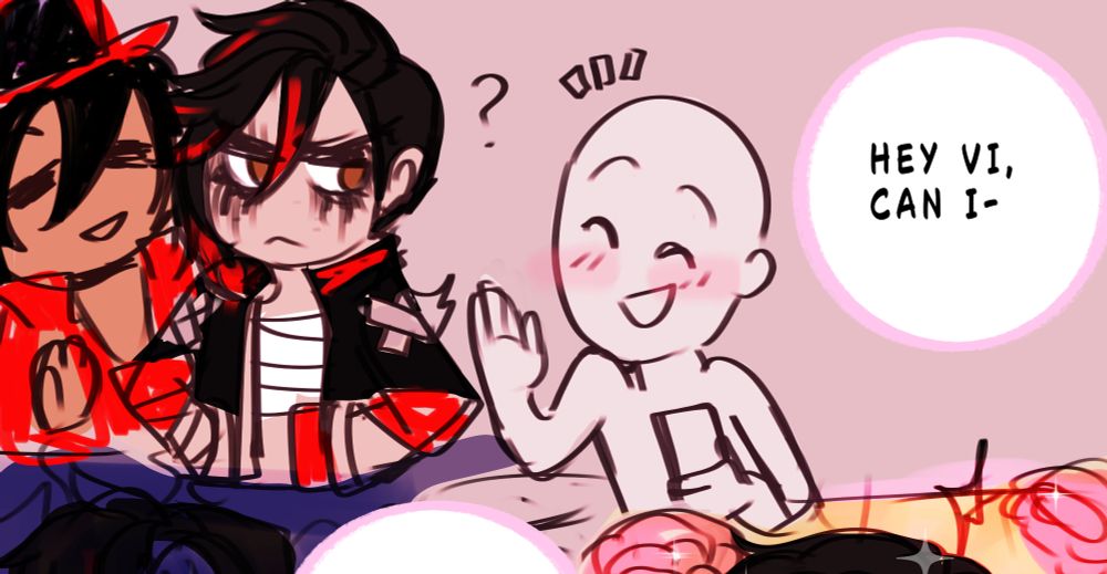 a Pokemon Red and Vi Cosplayer (me!) get approached by someone with a camera.

Person: Hey Vi, can I-
