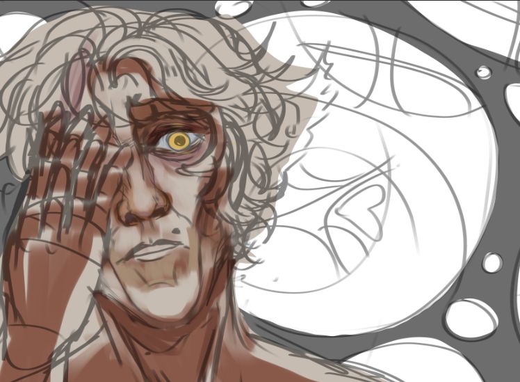 Viktor looks at the viewer with a vacant, but slightly distressed expression, one hand covering his eye. The Hexcore undulates behind him. 