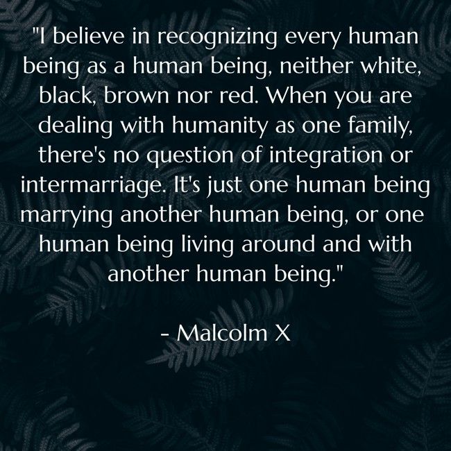 "I believe in recognizing every human being as a human being, neither white, black, brown nor red. When you are dealing with humanity as one family, there's no question of integration or intermarriage. It's just one human being marrying another human being, or one human being living around and with another human being."

- Malcolm X