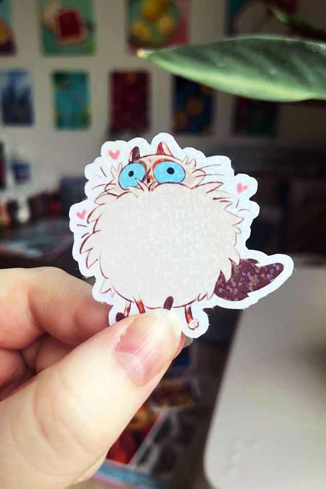 Silly fluffy cat sticker with hearts