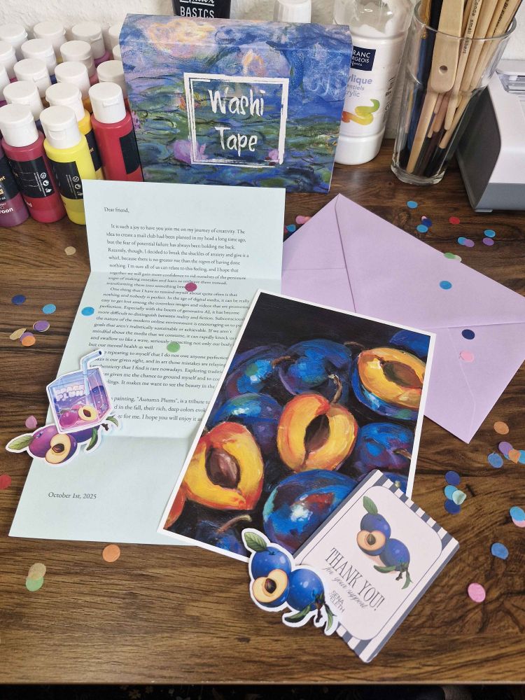 A photo of my mail club haul: the image shows a letter with some of my rambles printed on light blue paper, a purple / lavender colored envelope, a print of blue plums, a thank you/  discount card with a plum design,a blue plum sticker, a purple plum sticker and a space plum juice cute juice box sticker.