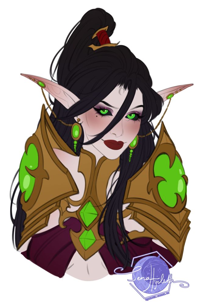 Flat colored bust portrait art commission / membership reward of a blood elf from world of warcraft, wearing golden pauldrons with mysterious green jewels
She has piercing green eyes with a black sclera, dark hair gathered in a high ponytail and pale skin, like a toxic flower, promissing a swift death