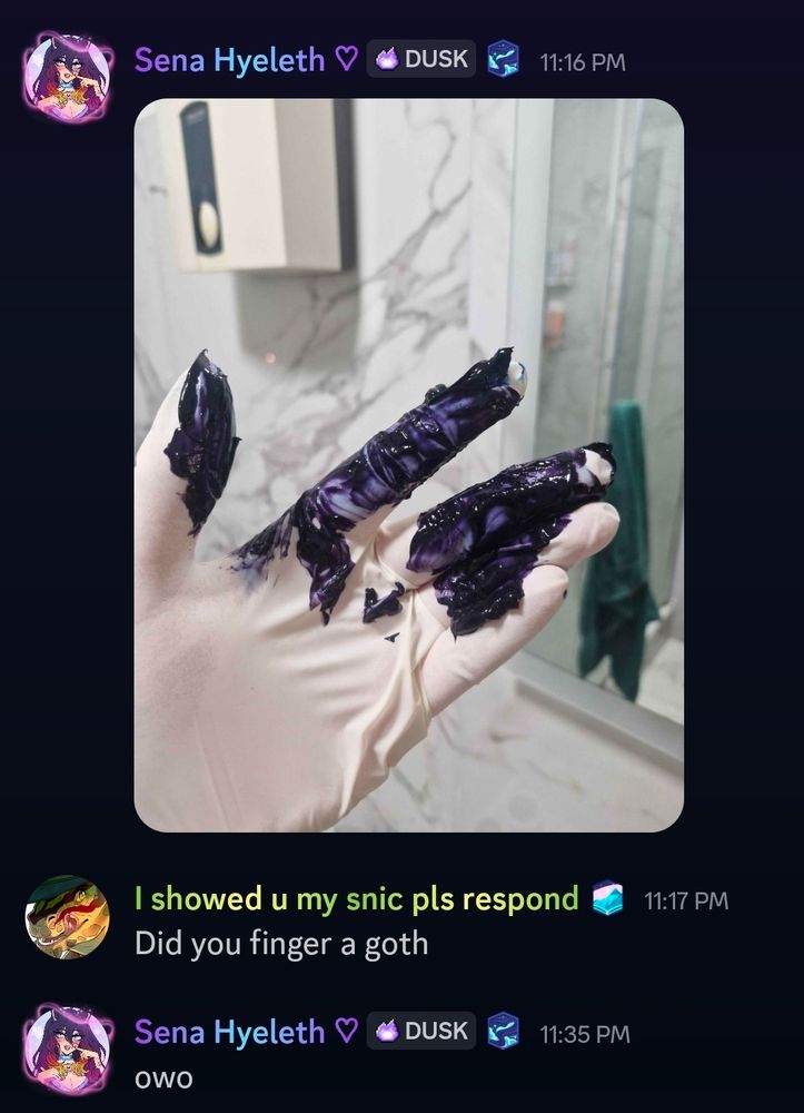 Discord interaction.

Me: shows picture of my hand covered it a gorgeous dark blue/purple color
I showed you my snic pls respond: Did you finger a goth 
Me: owo 