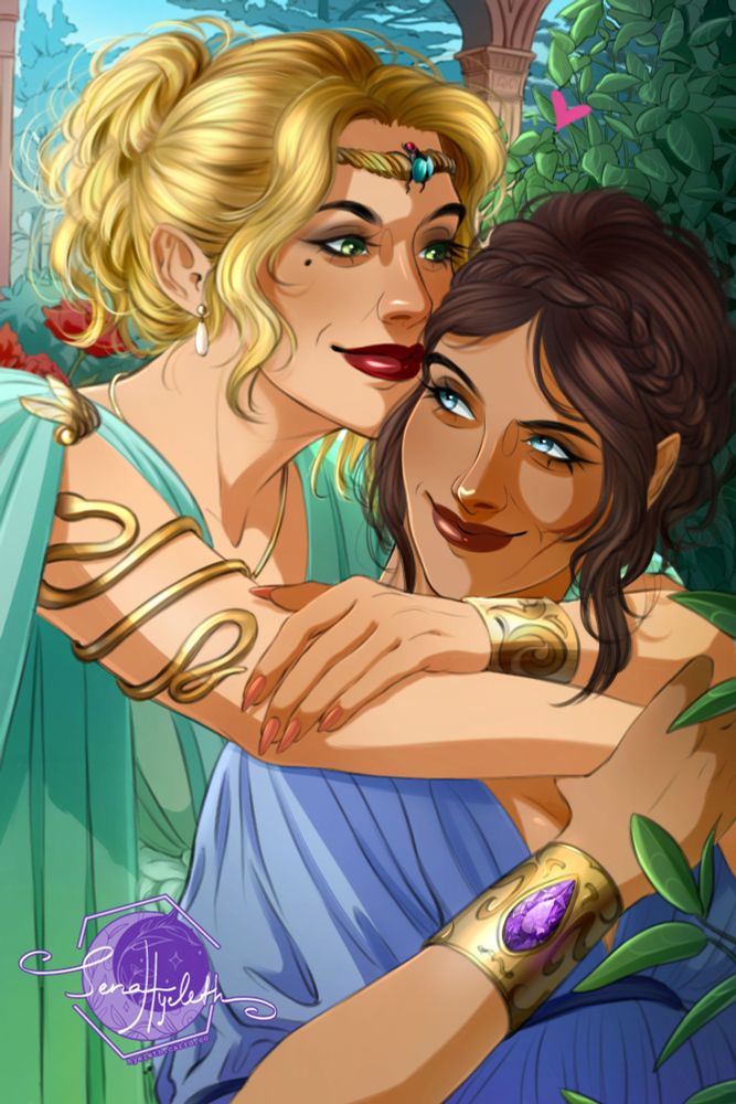 Portrait art commission of two sapphic elder scrolls online characters hugging.