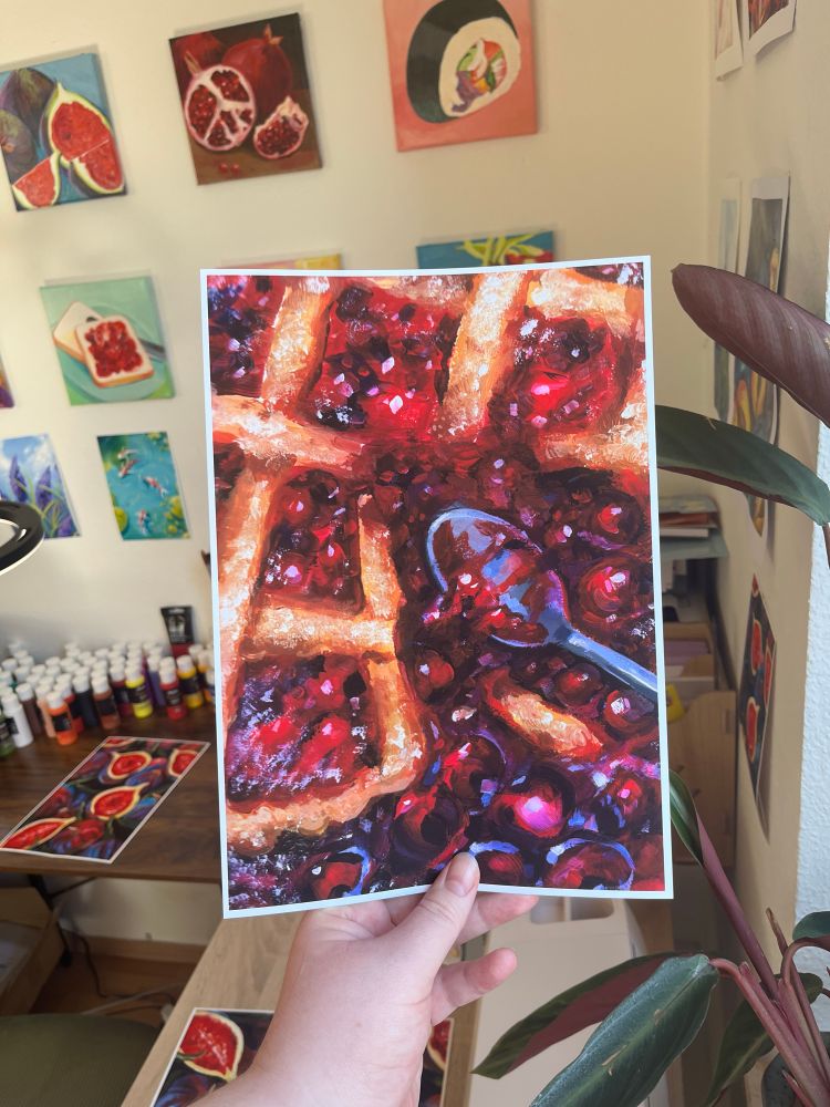 A photo of a poster print of an acrylic painting of a cherry pie with leaking filling and a spoon