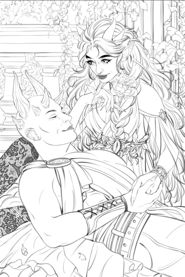 Lines of a star wars theelin and zabrak resting on a ancient greek themed terrace 