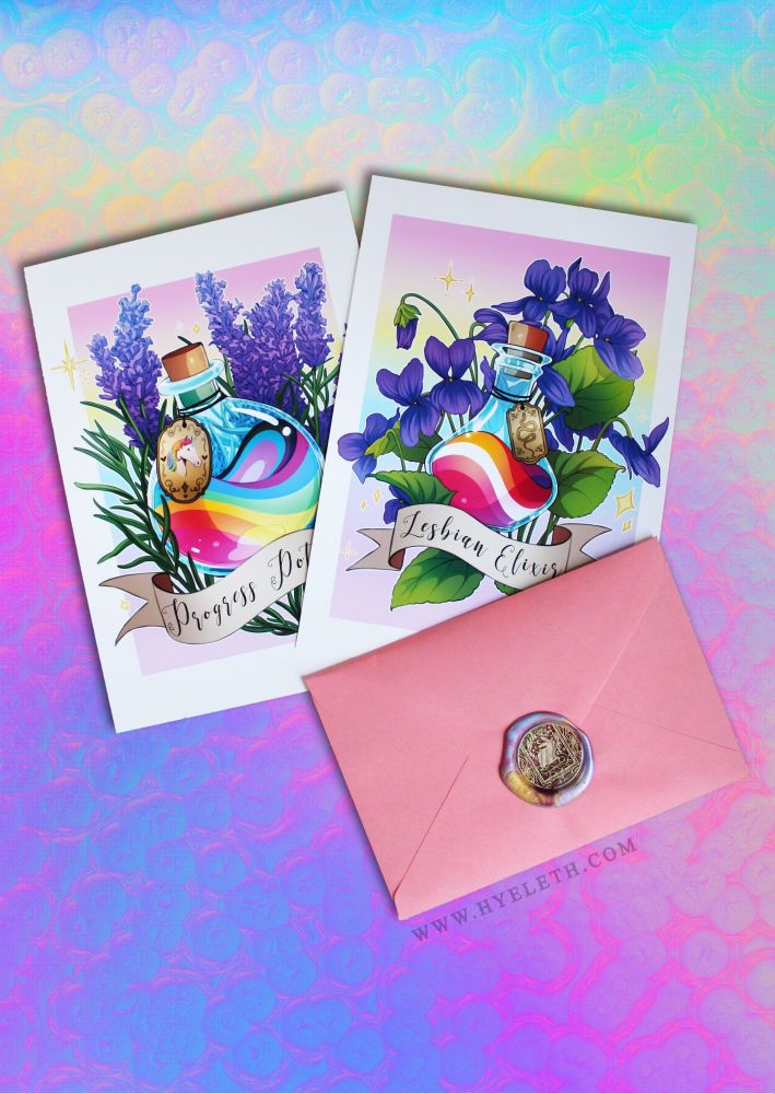 An image featuring my pride potion illustrations with a rainbow progress potion and a lesbian flag themed lesbian elixir. Both potion bottles are being gently embraced by flowers that hold significant meaning to the LGBTQIA+ community.