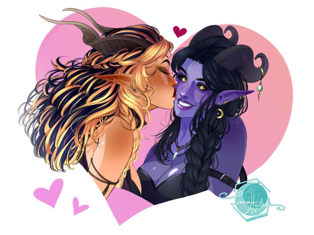 A portrait of two tieflings kissing making out being cute and in love.