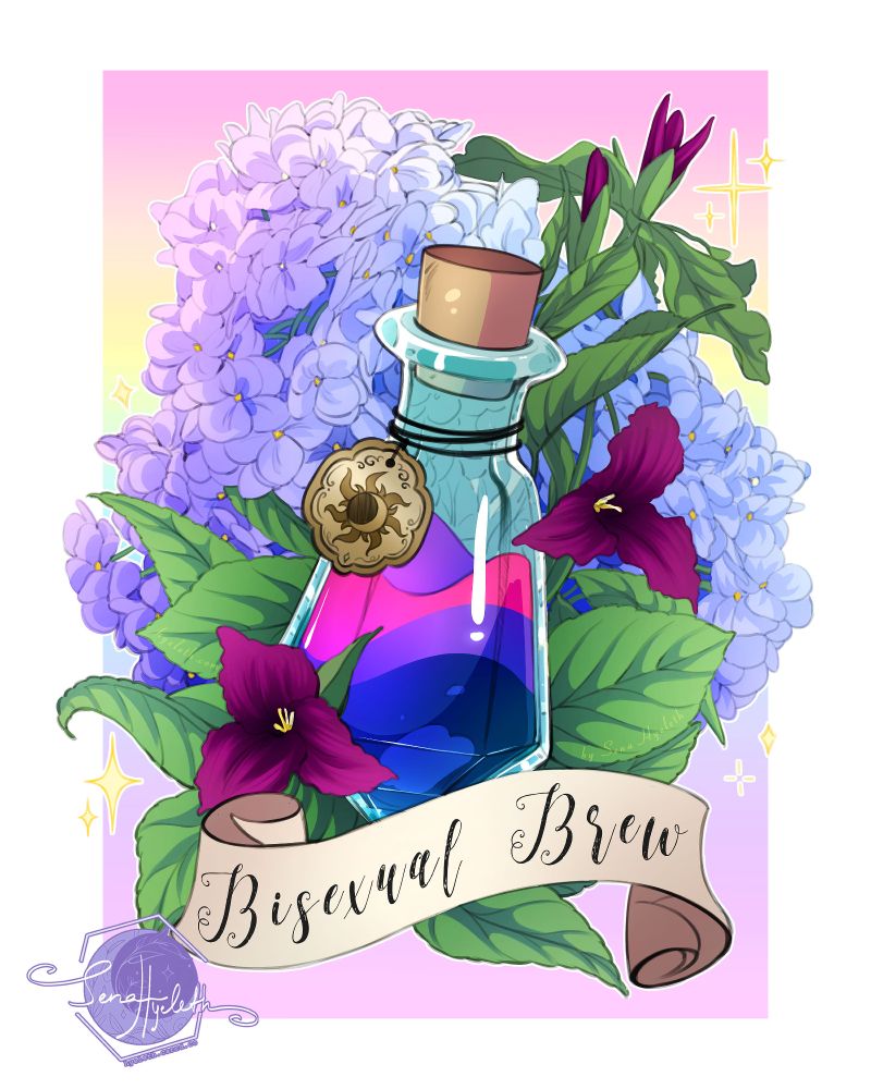 Pride month potion print design. 
Symbolism:
The hydrangea and trillium flowers have become a symbolic representation of bisexuality, because scientists historically used to describe flowers with both male and female reproductive parts as "bisexual". Despite of the terminology being inaccurate, these flowers gained a strong association with bisexuality within the LGBTQIA+ community. 
I went with the symbol of a sun and a moon to honor the witchy and magical side of (many) bisexuals.