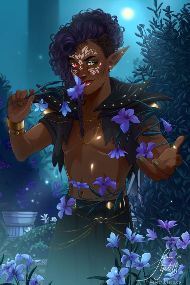 illustration of an elf with dark skin from dragon age the veilguard covered in Emmrichs favorite flowers. They're inviting you to dance under the moon
