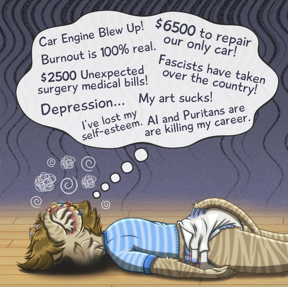 My fursona lying face down on the floor in just a diaper and shirt. Tuckered out and overwhelmed from life.