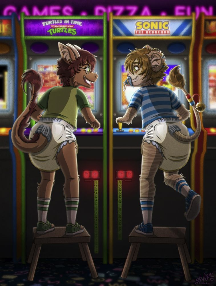 A dragon (Starbuck) and Liger (Good Boy) standing on stools playing arcade games in their diapers.