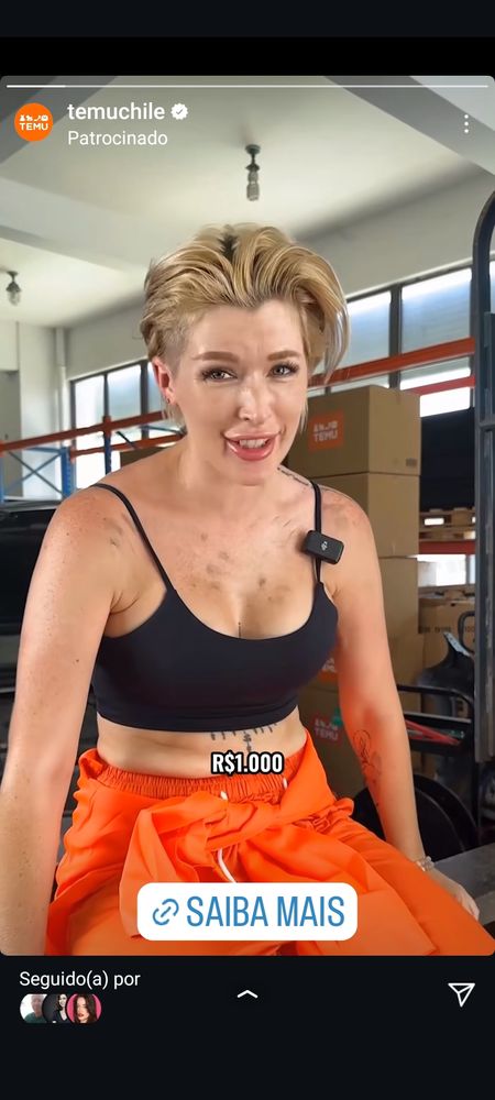 Temu ad presenting a short haired blonde wearing a black top and Orange overalls wrapped around her waist.
