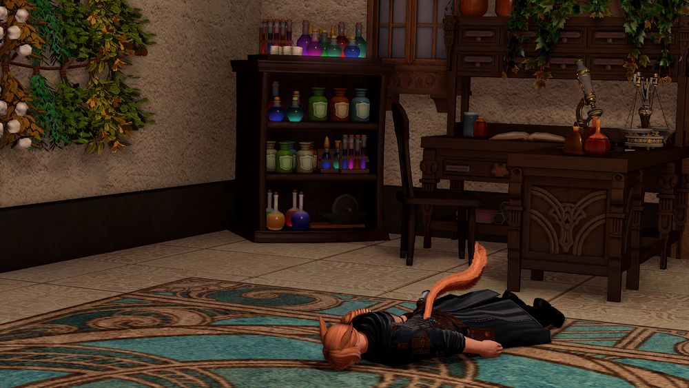 Rain'li, an orange-haired miqo'te, lays face first on the ground in his workspace.