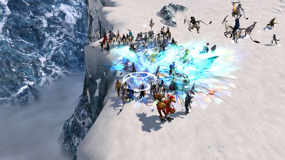 a screenshot of a large group of ffxiv players casting passage of arms to protect the lvl1 as the servers went down