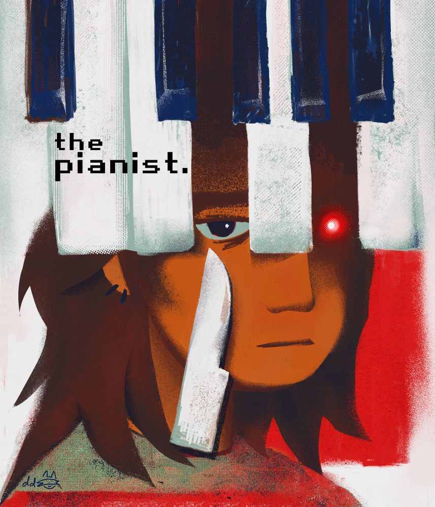 an illustration of kris dreemurr from deltarune hidden behind broken piano keys, with one sharper key in the shape of a knife pointing toward their eye. their right eye from the viewers perspective is glowing red, with the text “the pianist” being placed on top of the broken piano keys