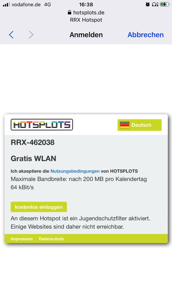 Screentshot der Wlan Verbindung im RE6 von Minden Nach Köln. “Maximal Bandbreite nach 200MB 64 kBits. Pro Kalender Tag “