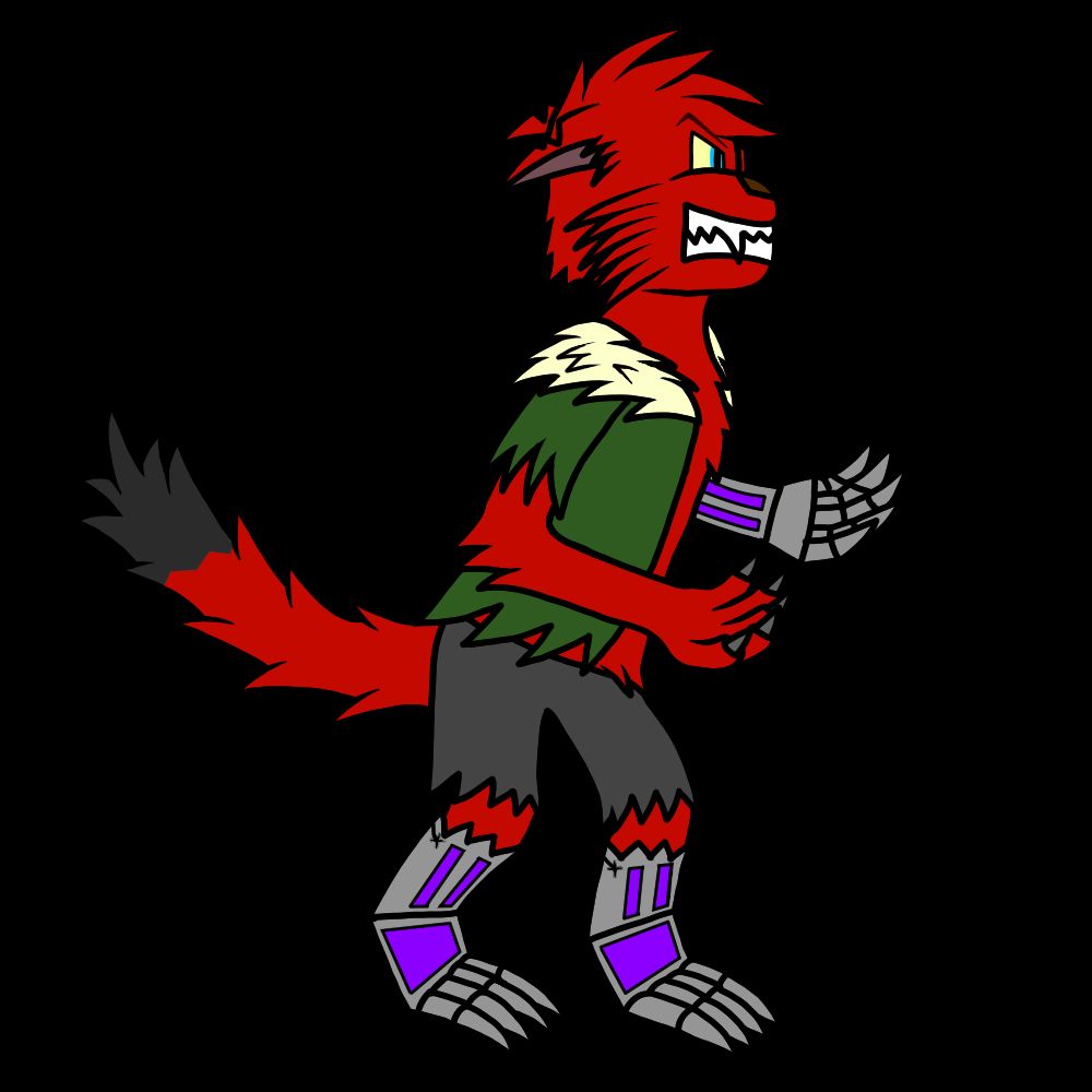 A drawing of an angry red anthropomorphic cyborg were-coyote in a torn dark green fur-hooded jacket and torn grey trousers. His right arm and both legs have metallic prosthetic limbs with large metallic claws and purple details. His bushy tail is tipped with black fur.
