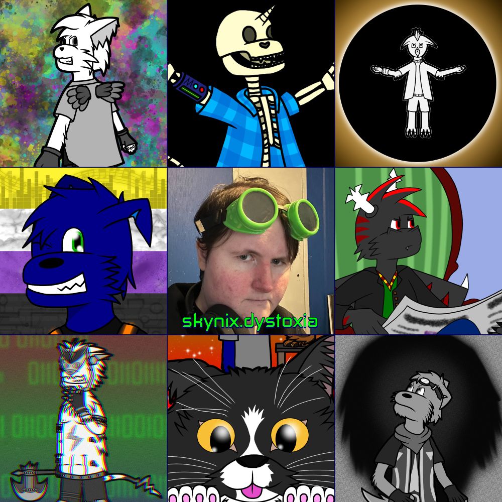 A photo of me, with short black hair wearing green goggles on my head, headphones around my neck and a black hoodie. The text reads "skynix.dystoxia".

Surrounding me are various artworks I have done over the course of 2024. They are a mix of fully coloured art and mostly to completely greyscale art, with almost all of them featuring various anthropomorphic characters, the one exception being the art below the photo as it features a tuxedo cat.

(More extensive alt text for each art can be found with the full arts linked in the thread below)
