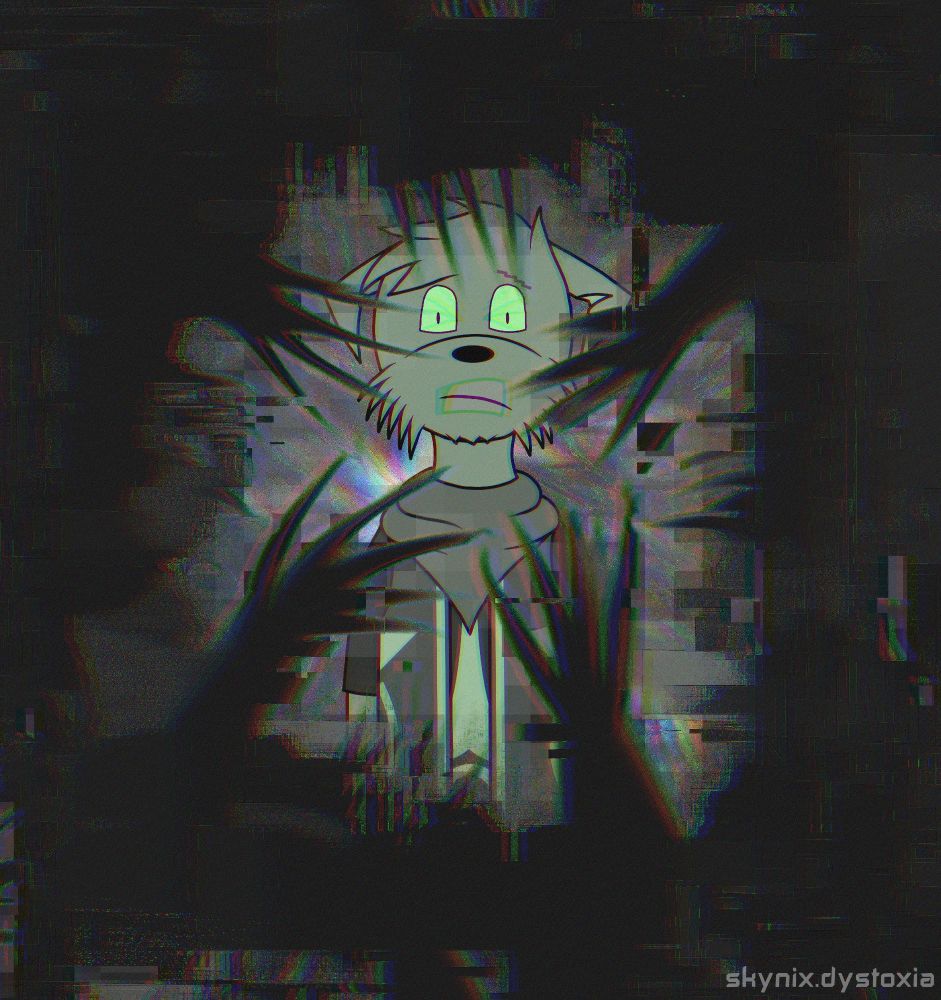 A monochrome drawing of an anthropomorphic character with wing-like ears wearing a neck bandana, shirt and vest with "tron-like markings". They have shocked eyes betraying the rest of their almost emotionless face. A closer look reveals a chromatic aberration-like effect that shows the character screaming with their eyes squeezed shut.

All around them is a dark shadowing cloud of darkness, with creepy hand-like protrusions reaching out. The cloud and hands have an intense chromatic aberration and other glitchy effects, further exacerbated by a crunchy static effect across the whole image.