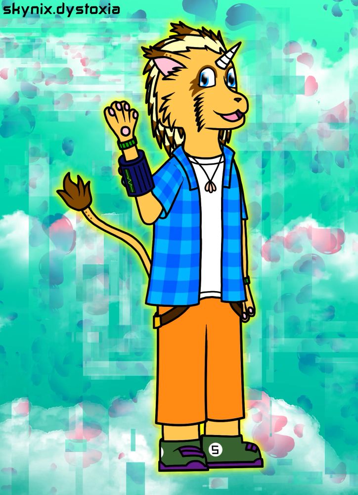 A drawing of a tan-coloured anthropomorphic character with a lighter-coloured main with brown tips, a unicorn horn on his forehead and a long tail with a brown tuft of fur at the end. His ears are also tipped in brown and has brown markings around his blue eyes.

He is wearing a white t-shirt, blue plaid overshirt, short orange trousers with brown belts hanging from either side, green and purple trainers with a white circle containing an "S" on the side, green armbands, and a shell-shaped pendant. He also has a blue "life-support machine" on his arm, with a visible pulse monitor.

He looks very happy and is waving at the viewer.

The background is very glitchy, but clouds and floating petals are visible on a blueish-green sky.