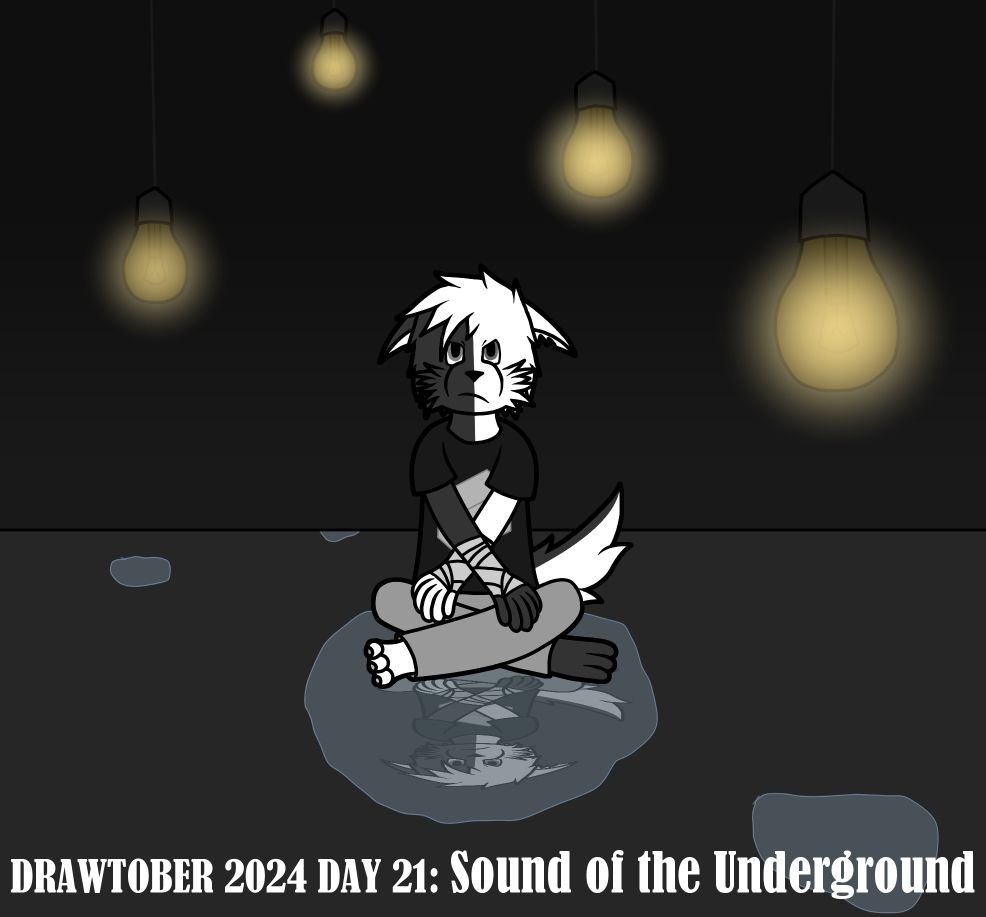 A mostly monochrome drawing of an anthropomorphic wolf with split-coloured fur in a shirt with a cube design emblazoned on it, jeans and arm bandages.

He is sitting with a serious look on his face in a room lit up with light bulbs hanging at different heights from the ceiling, giving off a soft yellow-ish glow, The ground is covered with puddles of lightish blue water, likely from moisture dripping from the bulbs.

The wolf happens to be sitting in one of those puddles, which is showing his reflection.

The text reads: DRAWTOBER 2024 DAY 21: Sound of the Underground
