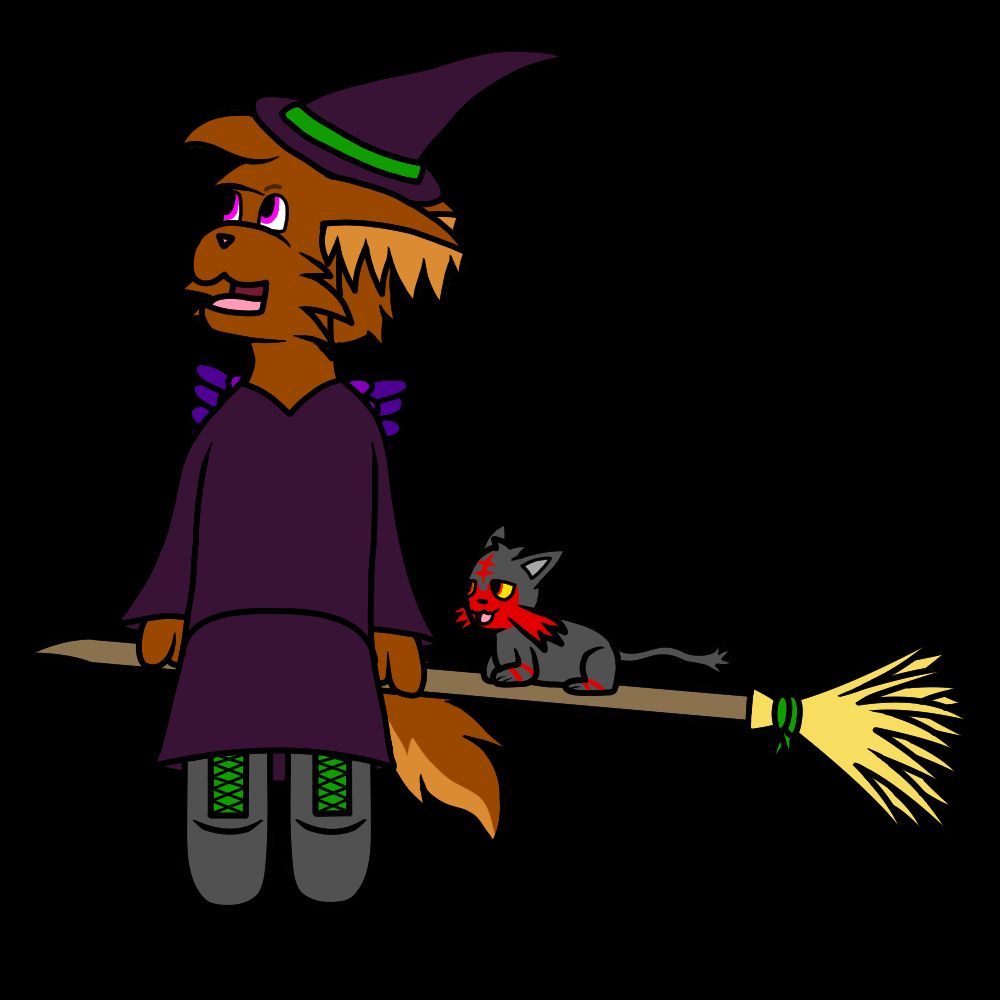 A drawing of a brown anthropomorphic fox/squirrel-like character with small purple feathery wings in a dark pinkish-purple witch's hat, robe and grey boots with green laces. She is riding on top of a witch's broom with joy. A Litten, a black cat Pokemon with a red muzzle and stripes is sitting next to her.