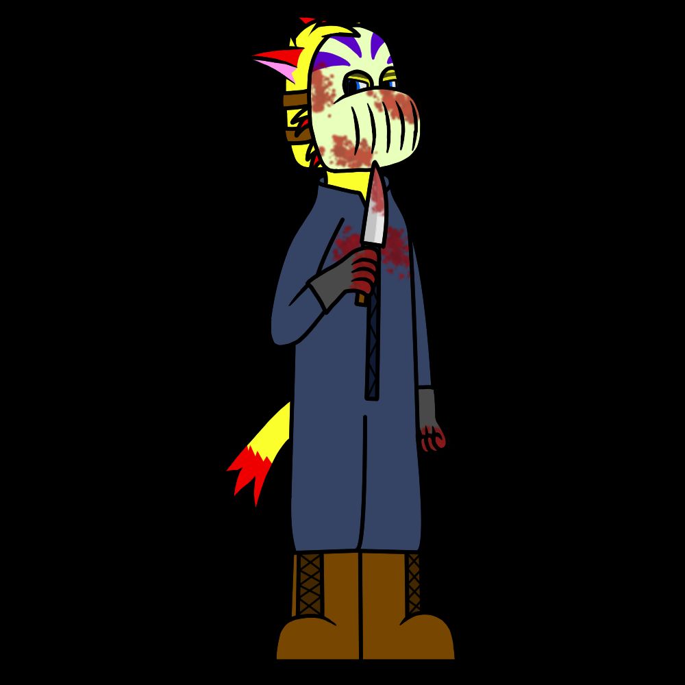 A drawing of a yellow anthropomorphic feline with red ears and red-tipped tail dressed in a hockey mask with purple stripes, a Michael Myers-esque blue body suit covered in blood, gray gloves and brown boots. He is holding a big blood-stained knife.