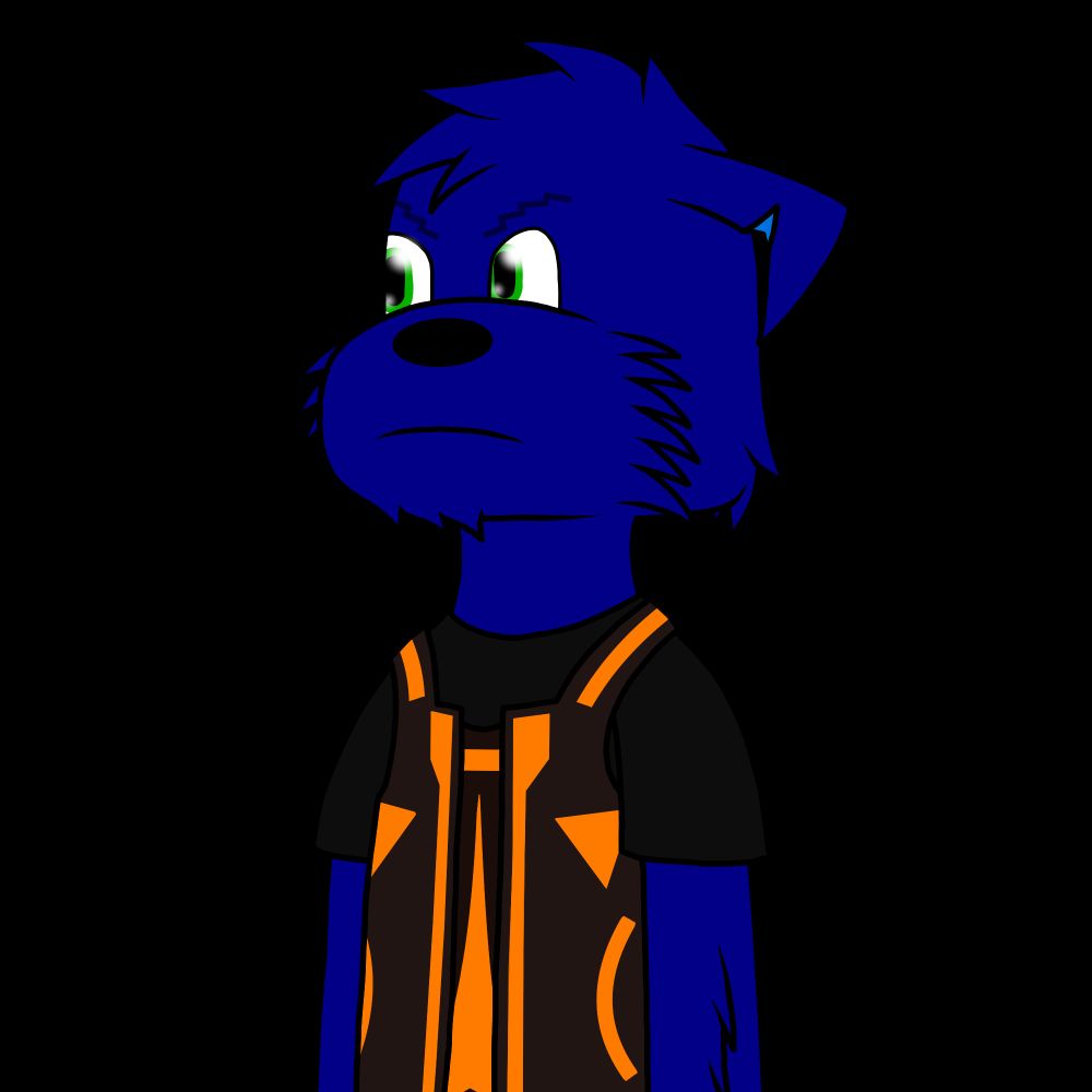 A PNGtuber drawing of a blue anthropomorphic character with green eyes and wing-like ears. They are wearing a black shirt and a brown vest with orange "TRON-like" markings.