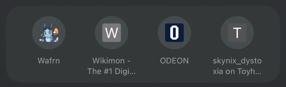 Wafrn (represnted by a little bug guy)
Wikimon - The #1 Digimon enclyclopedia (represented by a W)
Odeon (represented by the O of the Odeon logo)
skynix_dystoxia on Toyhouse (represented by a T)

The letters of the last three links amusingly spell out “WOT”