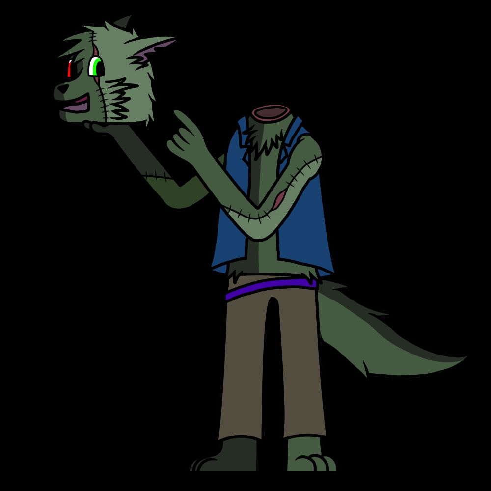 A drawing of a anthropomorphic wolf in a blue sleeveless shirt, light brown jeans and a purple belt. His fur is various shades of decaying green colours and is covered in stitches, though there are exposed open wounds in his right arm and across his right eye.

His head is deteched from his body and being held up by his left hand while the other hand points to it. Despite his situation, he has a jovial look on his face. His left eye is red while the other is green.