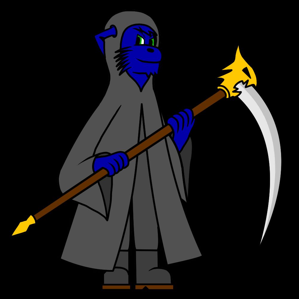 A drawing of a blue anthropomorphic character with wing-like ears dressed in a dark grey cloak and boots while wiedling a big scythe with a gold dragon/demon-esque ornament from where the blade connects to the stave.