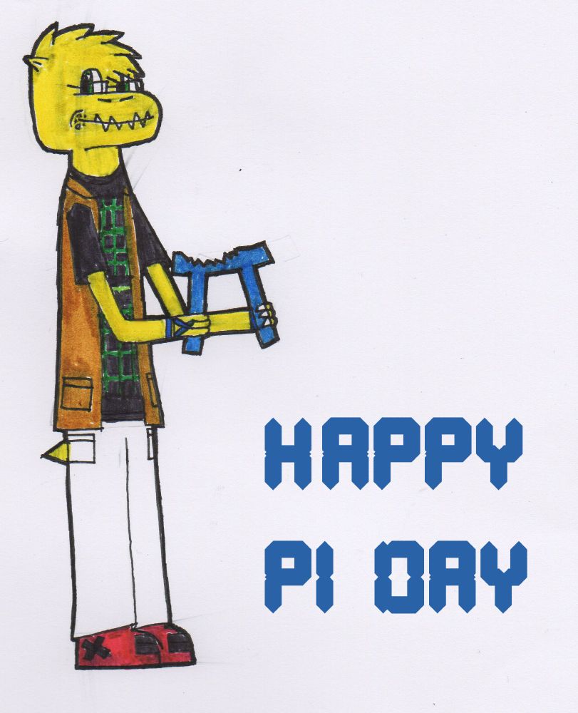 A drawing of an anthropomorphic yellow lizard in glasses, a black shirt with a green "digital grid and waveform" pattern, a tan sleeveless waistcoat, blue "hand belts", white trousers and red trainers with black straps and a black X symbol.

He has taken a bite out of a light blue Pi symbol, with visible crumbs at the side of his mouth. The light blue digital text at the side says: "HAPPY PI DAY".