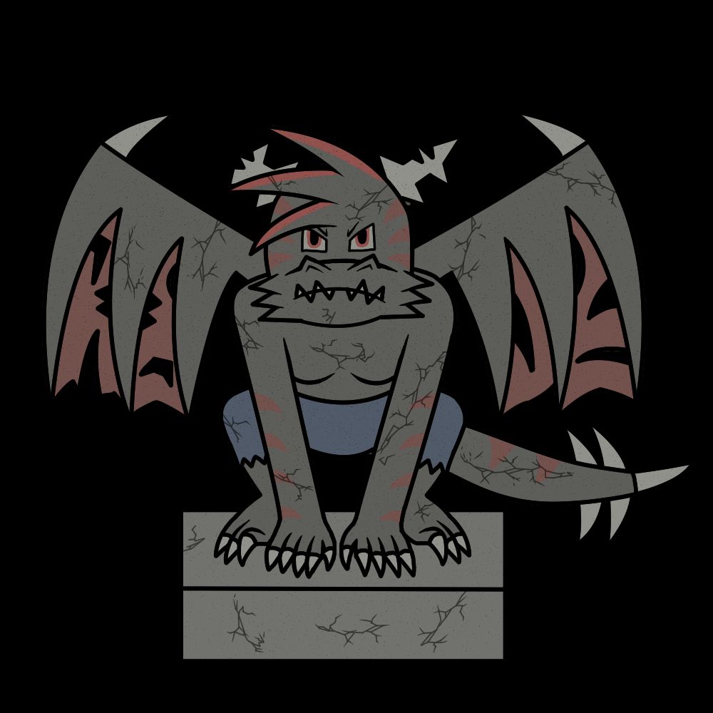 A drawing of an anthropomorphic stone dragon gargoyle in torn trousers. It is primarily stone-coloured, though stripe patterns and broken sections of the wings have a washed-out red colour.