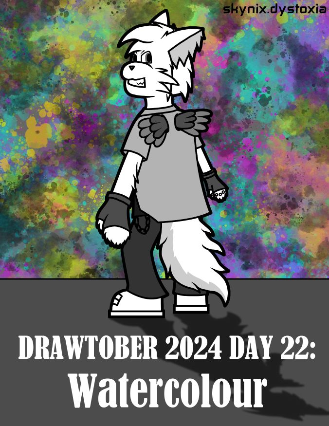 A mostly monochrome drawing of an anthropomorphic fox/squirrel-like character with feathery wings and a bushy tail in a jacket, jeans, fingerless gloves and trainers. The fur on her paws make them look mitten-like.

She has her back to the viewer, but has her head turned towards them with a detremind look on her face.

The wall in the background is covered in splashes of watercolour-esque paint in the CMYK colours.

The text reads: DRAWTOBER 2024 DAY 22: Watercolour