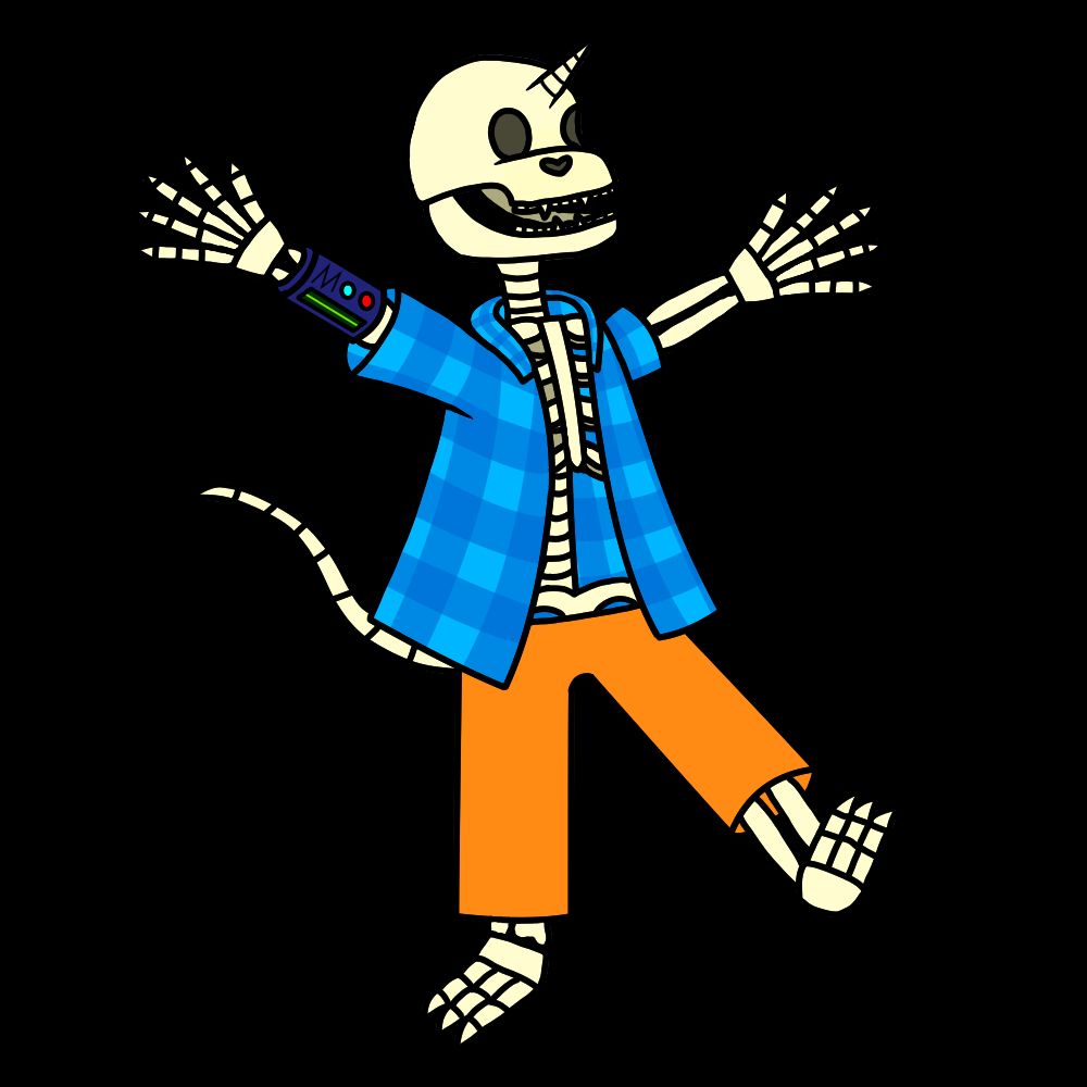 A drawing of an anthropomorphic skeleton with a long tail and unicorn horn jumping for joy wearing a blue plaid jacket and orange trousers. He has a life-support machine on his left arm with cyan and red buttons and a flatlining heart monitor.