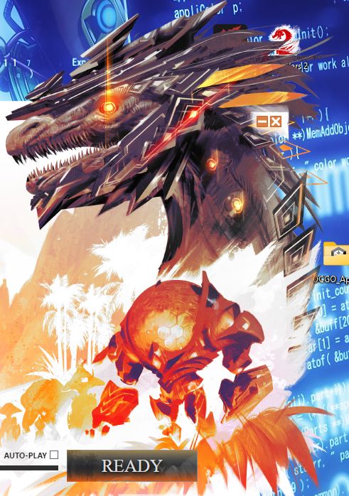 A screenshot of part of the Guild Wars 2 launcher. It shows a raptor adorned with technological-looking armour and an Inquest golem (mech suit). Both are surrounded by palm trees and ferns.